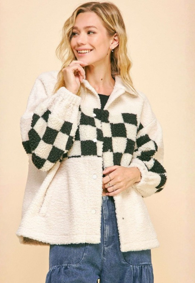 Checkered Sherpa Jacket – Black & White Fuzzy Oversized Streetwear Coat