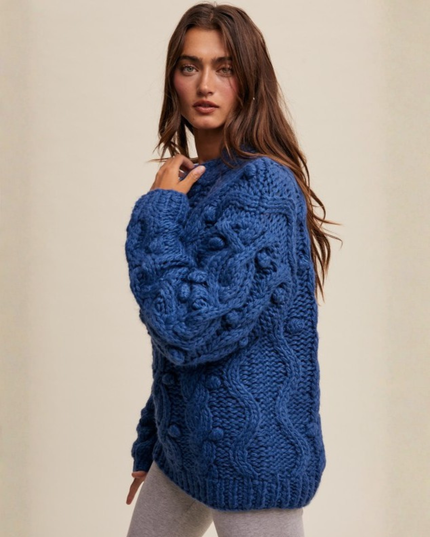 Chunky Cable Knit Sweater in Teal – Textured Oversized Cozy Statement Knit
