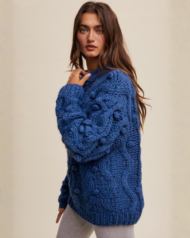 Chunky Cable Knit Sweater in Teal – Textured Oversized Cozy Statement Knit