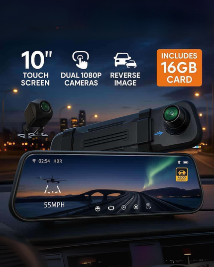Smart  Mirror with Front & Rear Camera, 2.5K Touchscreen, GPS & 16GB SD Card