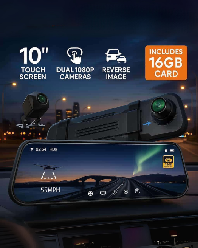 Smart  Mirror with Front & Rear Camera, 2.5K Touchscreen, GPS & 16GB SD Card