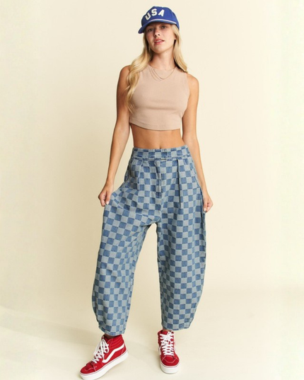 High-Waist Checkered Barrel Pants – Y2K Aesthetic, Street Style, Wide-Leg Fit