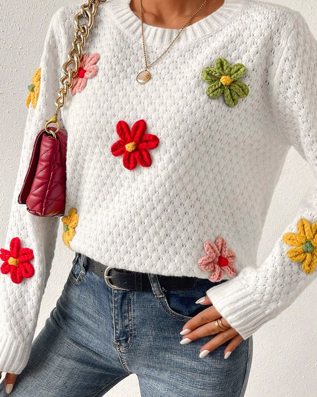 White Colorful Flower Applique Textured Knit Sweater – Playful and Elegant