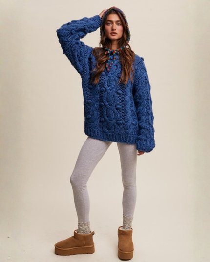 Chunky Cable Knit Sweater in Teal – Textured Oversized Cozy Statement Knit