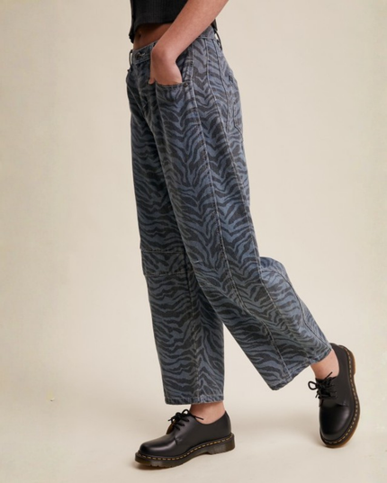 Zebra Print Barrel Jeans – High-Waist Loose Fit Denim