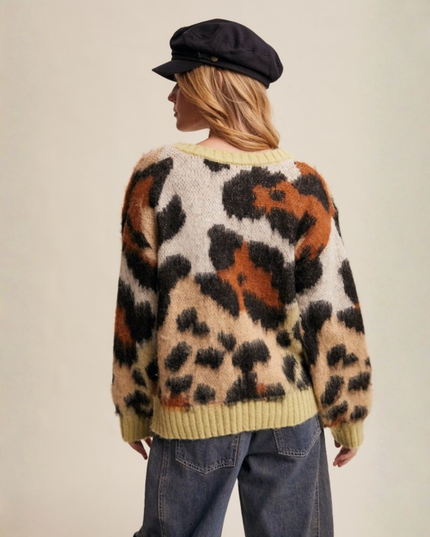 Fuzzy Abstract Leopard Knit Pullover