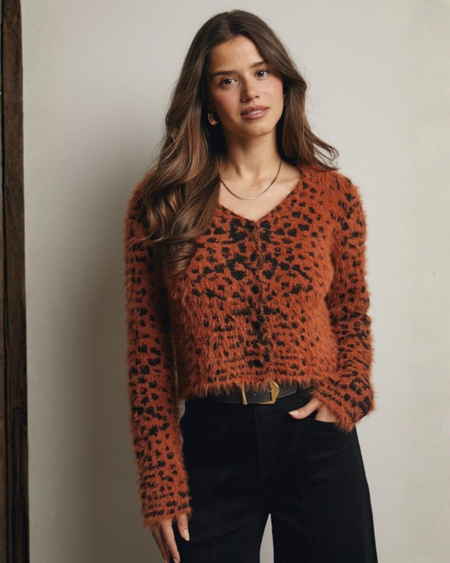 Leopard Print Fuzzy Cropped Cardigan – Button-Up Knit Sweater
