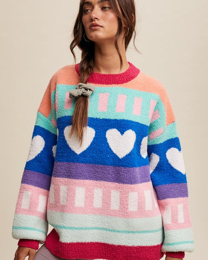 Multicolor Heart-Patterned Sweater – Cozy and Stylish Winter Fashion
