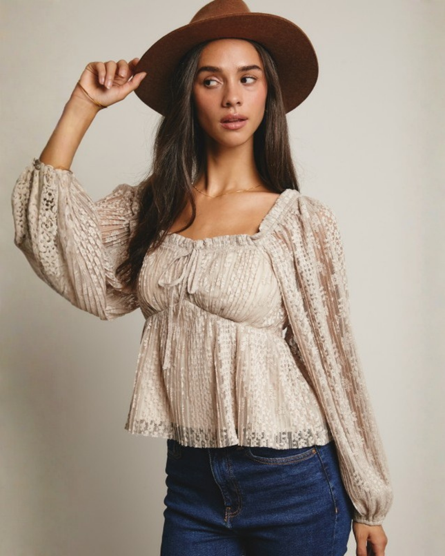 Pleated Lace Peplum Blouse with Puff Sleeves