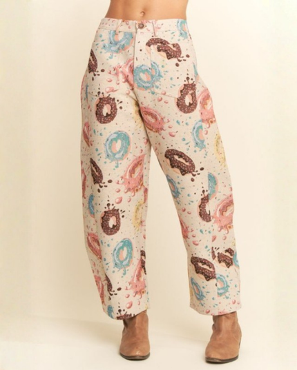 Retro Donut Print Wide-Leg Pants – Creative Streetwear Statement Trousers