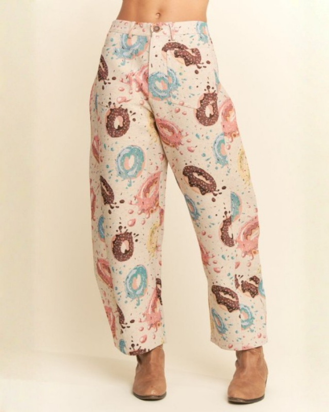 Retro Donut Print Wide-Leg Pants – Creative Streetwear Statement Trousers