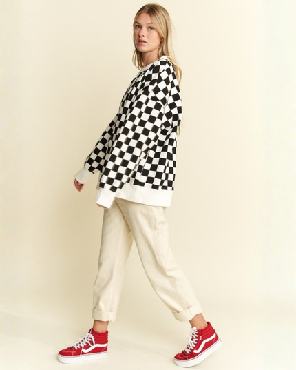 Oversized Checkered Sweatshirt – Geometric Chess Print Crewneck (Orange/White) | Trendy Streetwear Pullovers