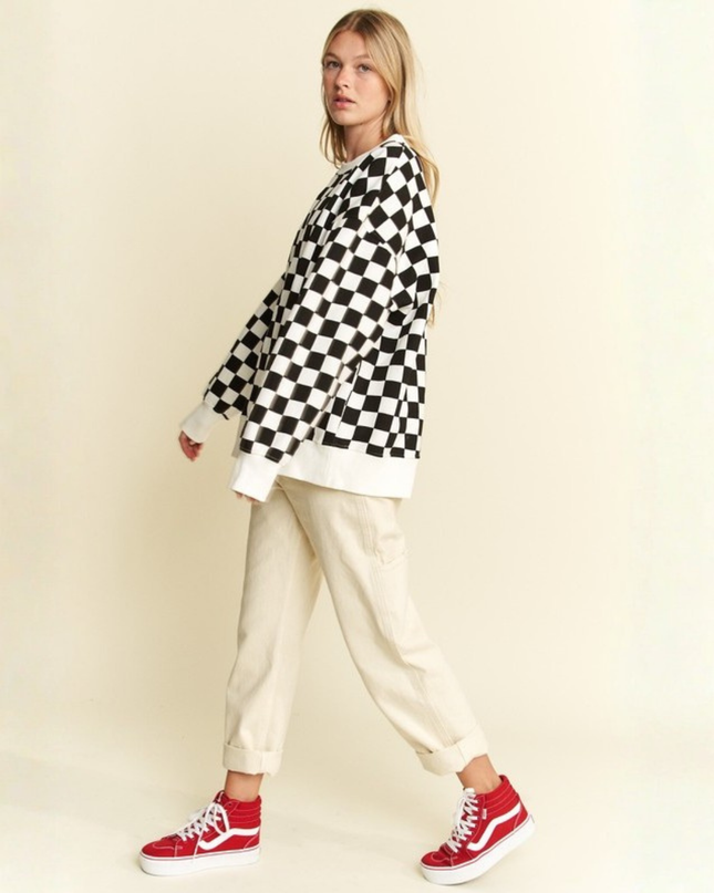 Oversized Checkered Sweatshirt – Geometric Chess Print Crewneck (Orange/White) | Trendy Streetwear Pullovers