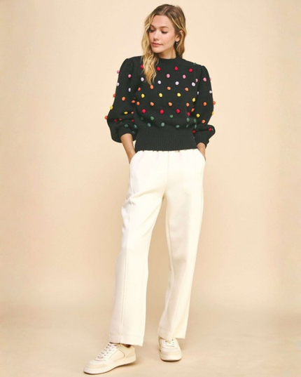 Black Knit Polka Dot Pom Pom Sweater – Puff Sleeve Statement Knitwear
