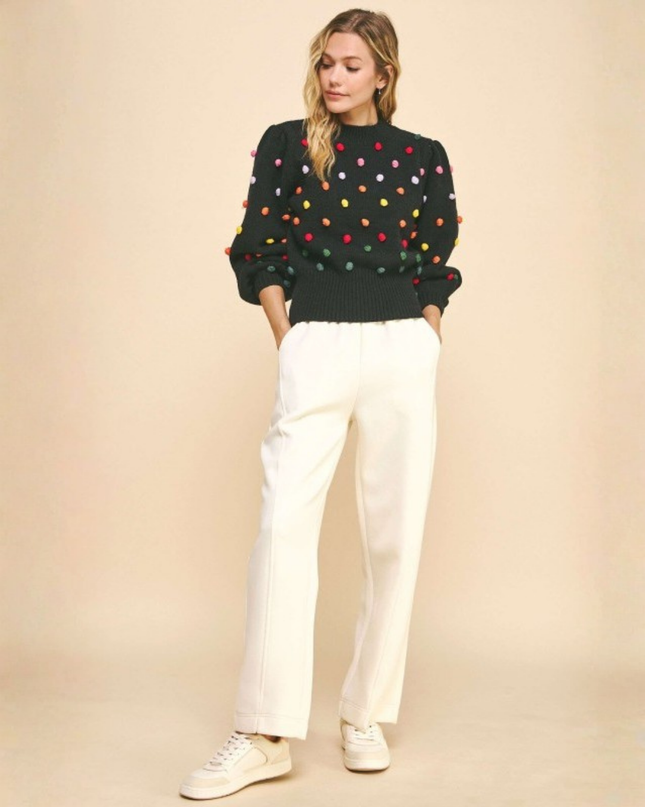 Black Knit Polka Dot Pom Pom Sweater – Puff Sleeve Statement Knitwear