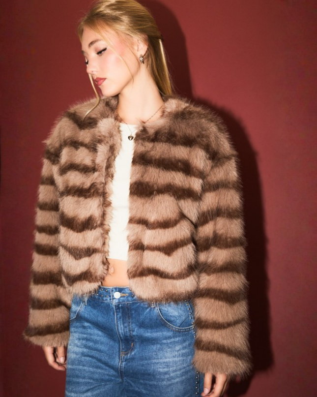 Faux Fur Crop Coat – Mocha Brown Stripe