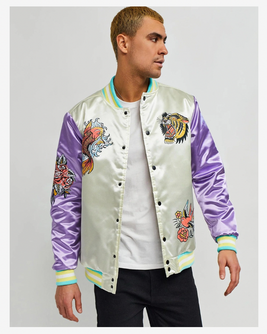 Vibrant Retro Tiger & Koi Satin Bomber Jacket