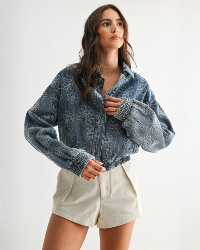 Embroidered Denim Flower Jacket — Retro Cropped Streetwear