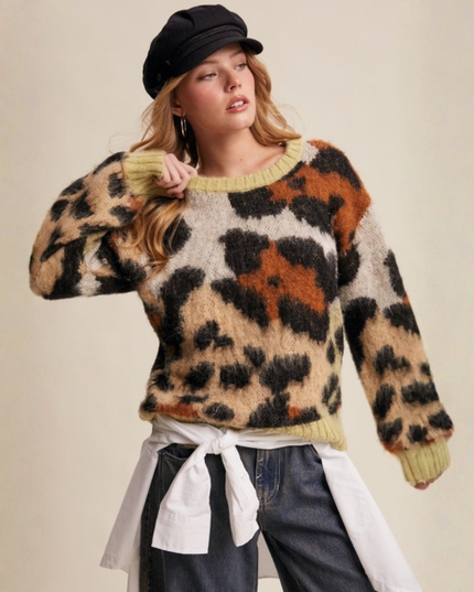 Fuzzy Abstract Leopard Knit Pullover