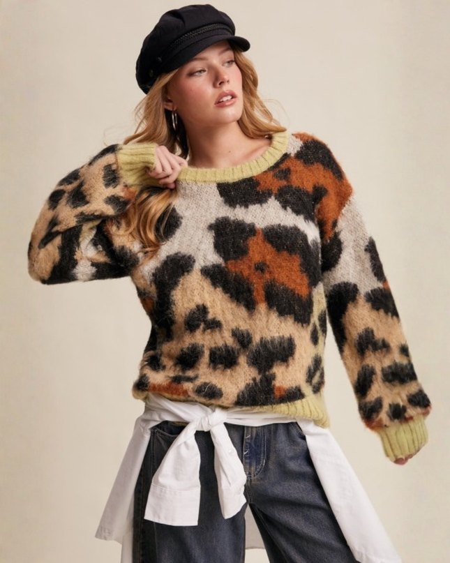 Fuzzy Abstract Leopard Knit Pullover