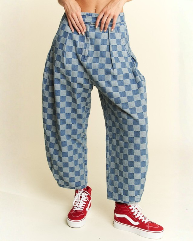 High-Waist Checkered Barrel Pants – Y2K Aesthetic, Street Style, Wide-Leg Fit