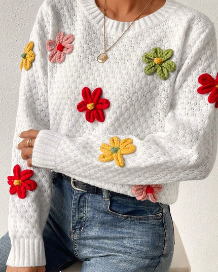 White Colorful Flower Applique Textured Knit Sweater – Playful and Elegant