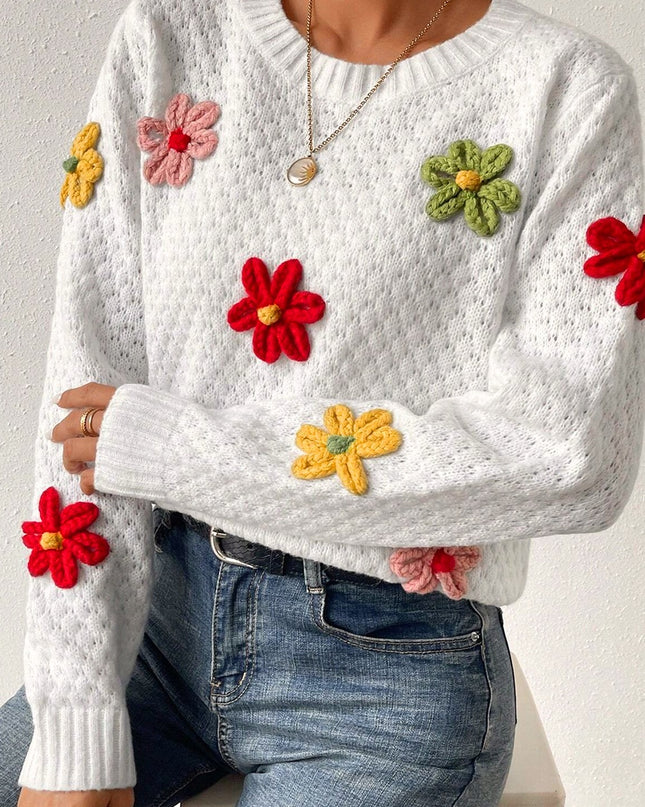 White Colorful Flower Applique Textured Knit Sweater – Playful and Elegant