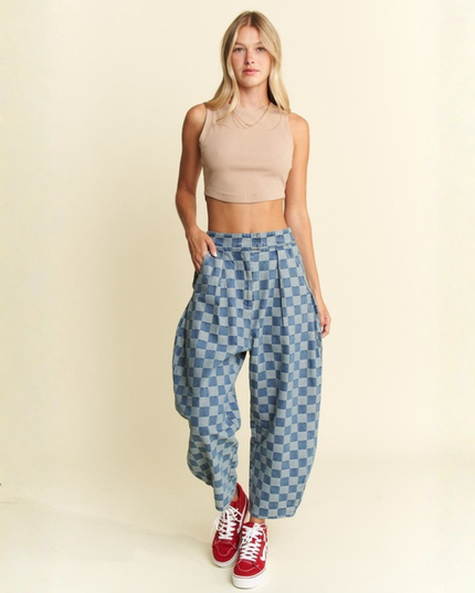 High-Waist Checkered Barrel Pants – Y2K Aesthetic, Street Style, Wide-Leg Fit