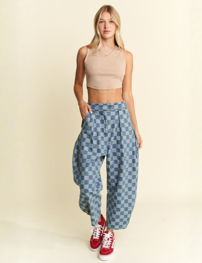 High-Waist Checkered Barrel Pants – Y2K Aesthetic, Street Style, Wide-Leg Fit