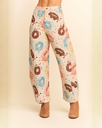 Retro Donut Print Wide-Leg Pants – Creative Streetwear Statement Trousers