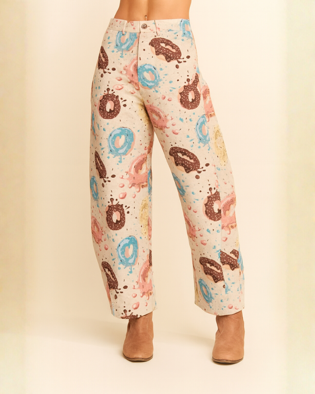 Retro Donut Print Wide-Leg Pants – Creative Streetwear Statement Trousers