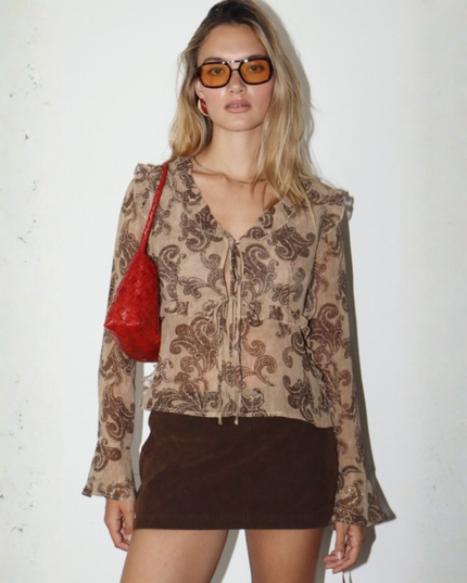 Paisley Tie-Front Ruffle Blouse – Vintage Tan