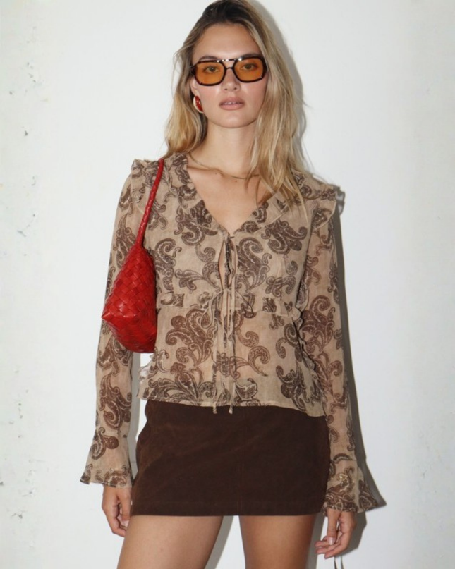 Paisley Tie-Front Ruffle Blouse – Vintage Tan