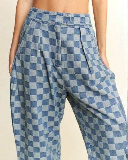 High-Waist Checkered Barrel Pants – Y2K Aesthetic, Street Style, Wide-Leg Fit