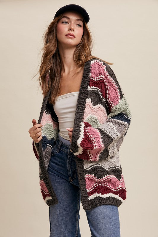 Wavy Colorblock Hand Crochet Knit Cardigan