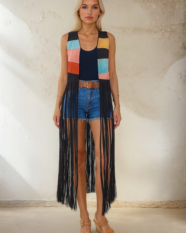 Coachella-Inspired Boho Fringe Vest – Retro Sunset Knit with Western Cowboy Vibes
