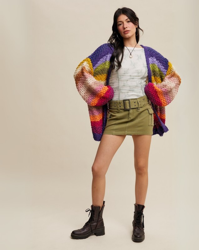 Rainbow Hand-Crochet Chunky Knit Cardigan