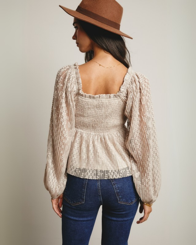 Pleated Lace Peplum Blouse with Puff Sleeves