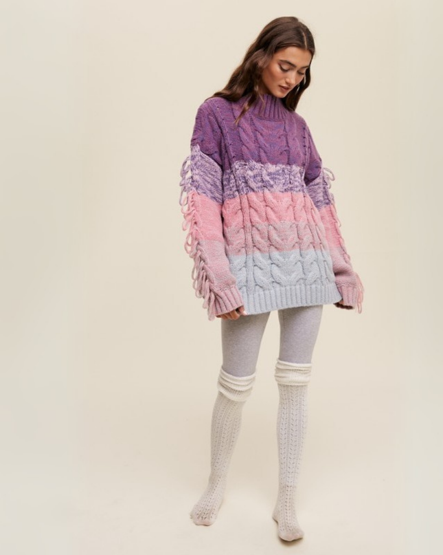 Colorblock Fringe Cable Knit Sweater