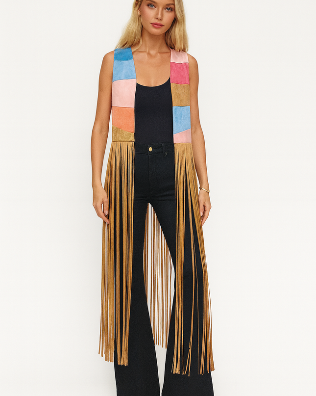 Coachella-Inspired Boho Fringe Vest – Retro Sunset Knit with Western Cowboy Vibes