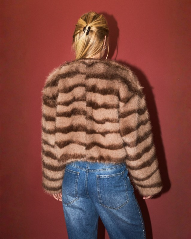Faux Fur Crop Coat – Mocha Brown Stripe