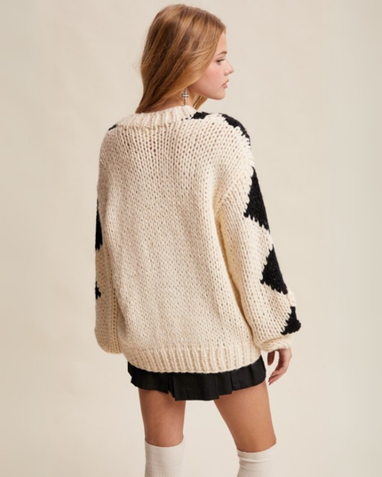 Chunky V-Neck Sweater with 3D Crochet Flower