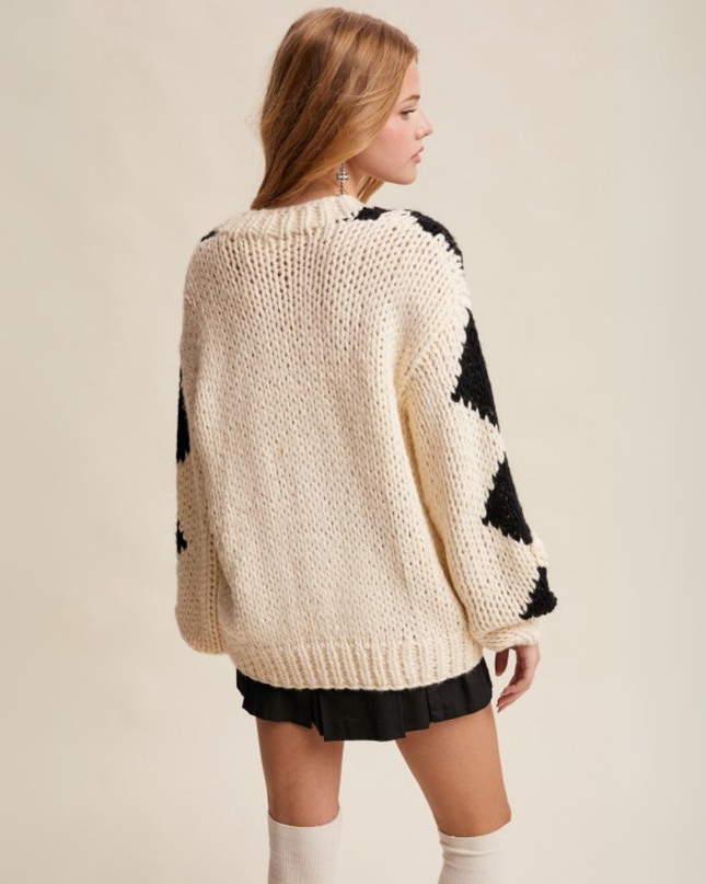 Chunky V-Neck Sweater with 3D Crochet Flower
