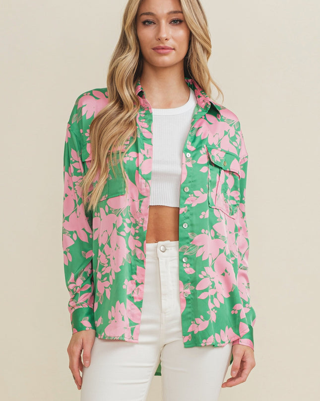 POCKET DETAIL OVERSIZE SATIN PRINT SHIRT