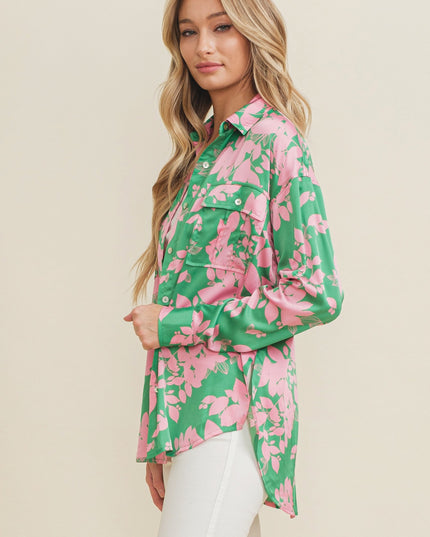 POCKET DETAIL OVERSIZE SATIN PRINT SHIRT