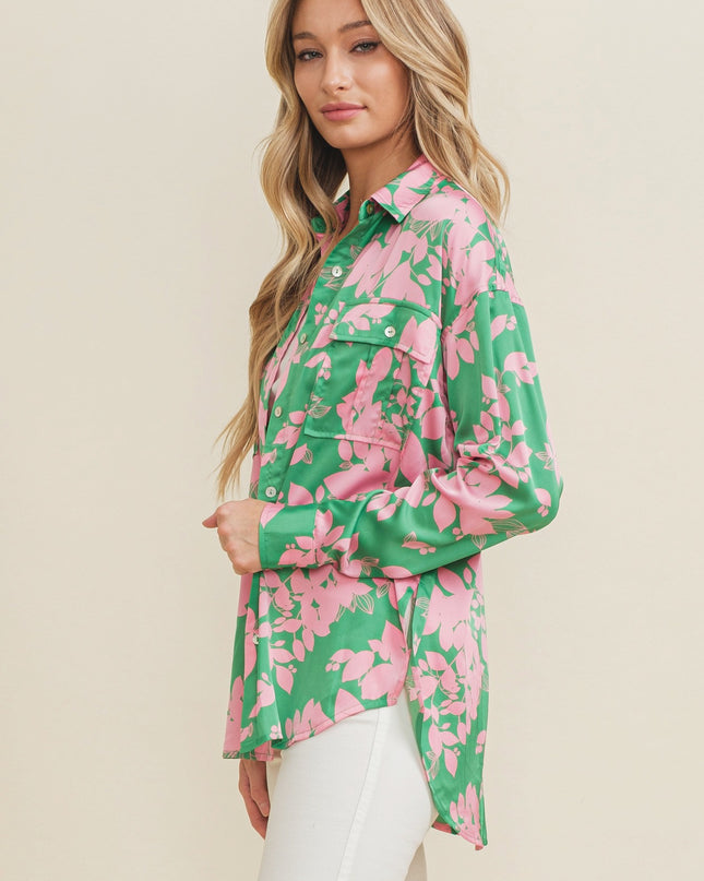 POCKET DETAIL OVERSIZE SATIN PRINT SHIRT