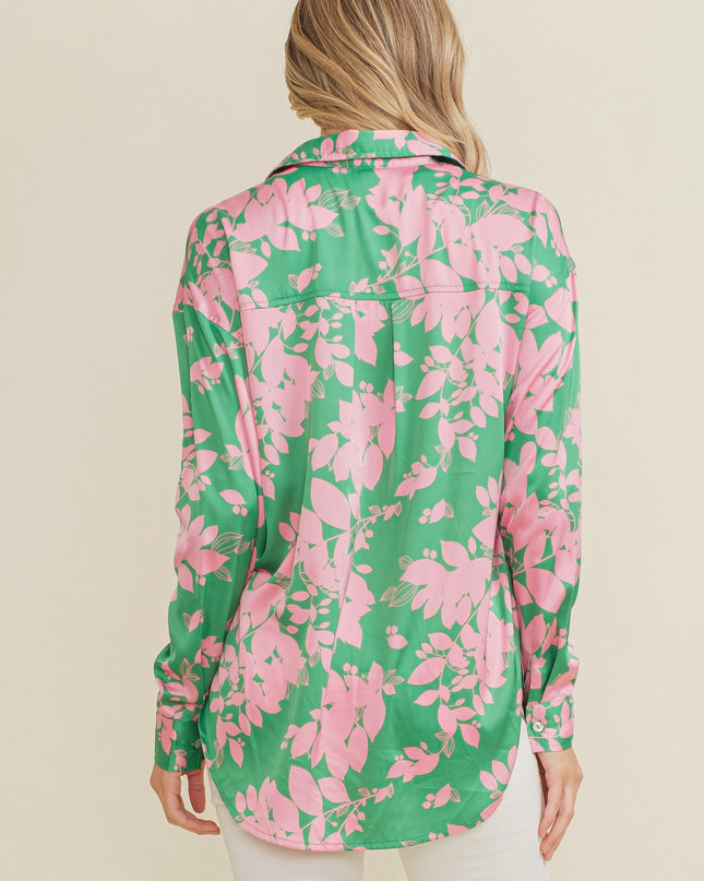 POCKET DETAIL OVERSIZE SATIN PRINT SHIRT