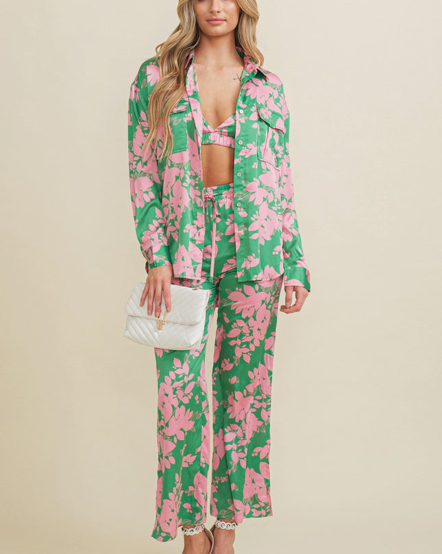 POCKET DETAIL OVERSIZE SATIN PRINT SHIRT