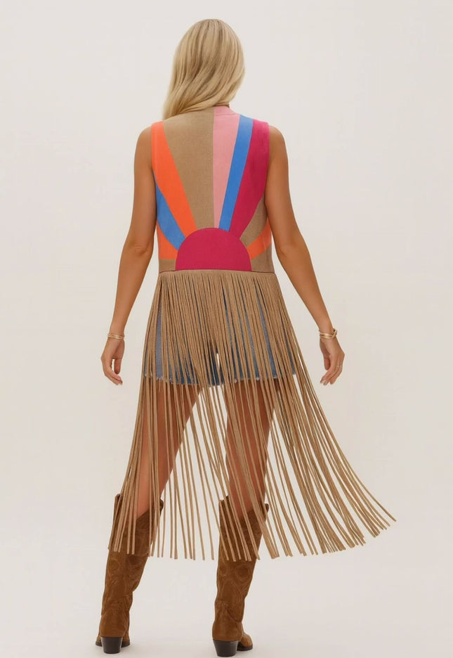 Coachella-Inspired Boho Fringe Vest – Retro Sunset Knit with Western Cowboy Vibes